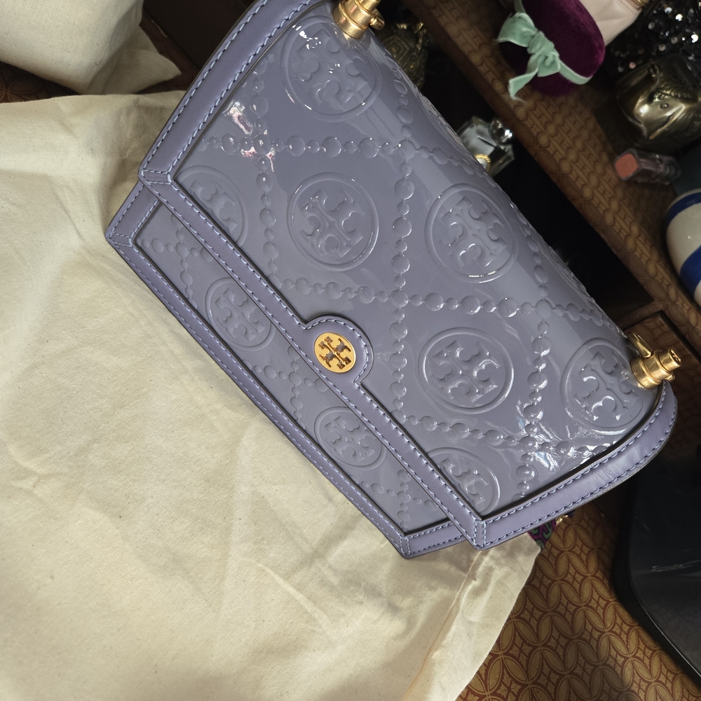 Tory Burch Lavender Patent Logo Shoulder Bag with Gold Hardware